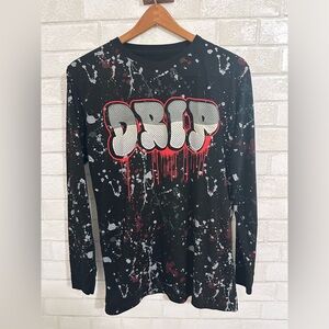 Paint-Splattered ‘DRIP’ Long Sleeve Urban Graffiti Energy in Black Red Sz L 1932